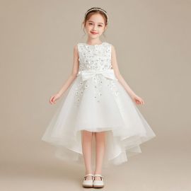 Girls White Flower Embroidered High-Low Hem Dress with Big Bow - Party Wedding Gown