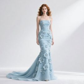 Light Blue Mermaid Gown with 3D Floral Embellishments - Elegant Evening Dress