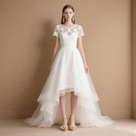 Elegant White Wedding Dress: Lace Short Sleeves & High-Low Tulle Skirt Design