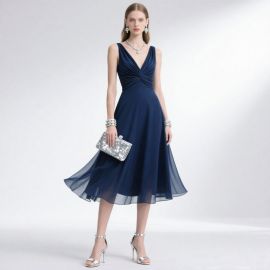 Navy Blue V-Neck Sleeveless Ruched Waist Midi Evening Dress - Elegant Formal Wear