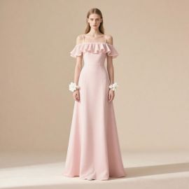 Chic Pink Off - Shoulder Ruffled Long Evening Dress for Weddings & Parties
