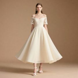 Elegant Off - Shoulder Lace Midi Dress: Vintage Inspired Bridal/Event Gown