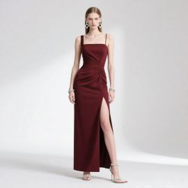 Elegant Burgundy Spaghetti Strap High Slit Evening Gown - Chic Formal Dress