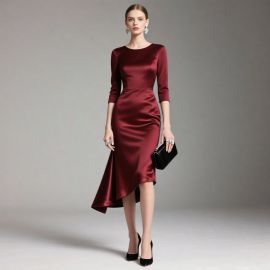 Elegant Burgundy Satin Asymmetric Hem Midi Dress - Chic Evening Wear