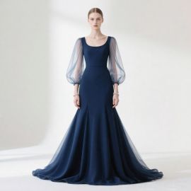 Navy Blue Long Evening Gown with Sheer Puffy Sleeves & Mermaid Silhouette