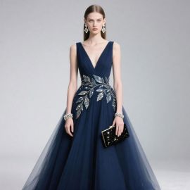 Elegant Navy Blue V-Neck Tulle Gown with Sequin Leaf Detail - Formal Evening Dress