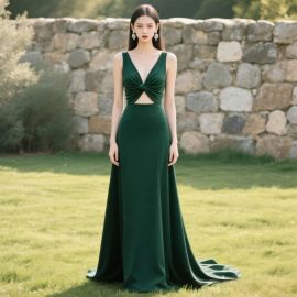 Emerald Green Sleeveless Knot Front Long Evening Gown - Elegant Formal Dress