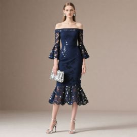 Elegant Off - Shoulder Navy Blue Lace Sequined Mermaid Midi Dress