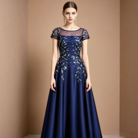 Elegant Navy Blue Evening Gown with Embroidered Leaves & Sheer Sleeves