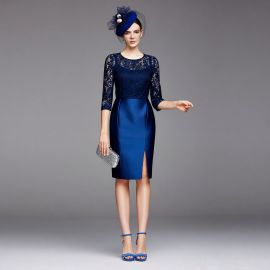 Navy Blue Lace & Satin Midi Dress - Elegant Party/Wedding Guest Evening Gown with Side Slit