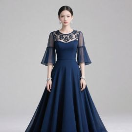 Elegant Navy Blue Lace Evening Gown with Sheer Bell Sleeves for Formal Events