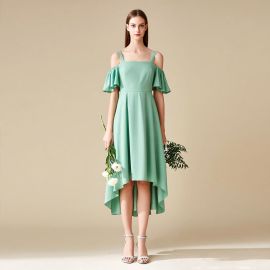 Mint Green Off-Shoulder Dress with Ruffled Sleeves & High-Low Hem - Summer Party/Bridesmaid Wear