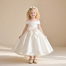Kids White Off - Shoulder Flower Girl Dress with Big Bow, Satin Tulle Wedding Party Gown