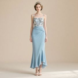Elegant Light Blue Sequined Spaghetti Strap Mermaid Gown for Formal Occasions