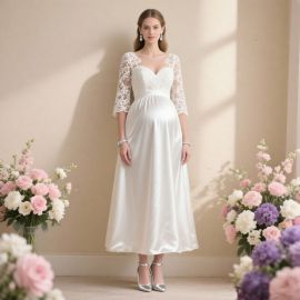 Elegant Maternity Wedding Dress: Lace Sleeves & Satin Skirt for Pregnant Brides