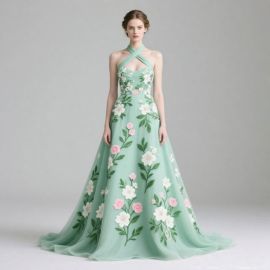 Mint Green Floral Embroidered Halter Long Evening Gown - Elegant Party Dress