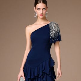 Navy Blue One - Shoulder Beaded Ruffled Evening Gown for Formal Occasions