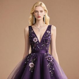 Purple Deep V-Neck Gown with Floral Embroidery & Sequins - Elegant Formal Evening Dress