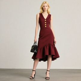 Burgundy Sleeveless V-Neck Dress with Gold Buttons & Ruffled Hem - Elegant Midi Dress for Women