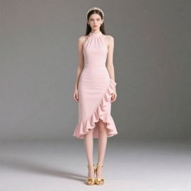 Pink Halter Neck Ruffled Asymmetric Midi Dress - Elegant Women's Fashion