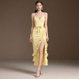 Yellow Spaghetti Strap V-Neck Bow Belt Ruffled High Slit Midi Dress