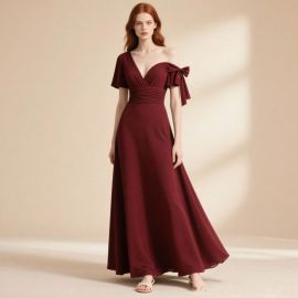 Elegant Burgundy One - Shoulder Maxi Dress with Bow & Cinched Waist Design