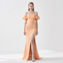 Peach Off - Shoulder Ruffled Sleeve Slit Maxi Dress - Elegant Evening Gown