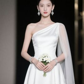 Elegant One - Shoulder White Satin Wedding Dress with Tulle Cape - Timeless Bridal Gown
