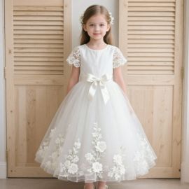 Kids White Lace Sleeve Dress with Embroidered Floral Tulle Skirt - Flower Girl Wedding Party Gown