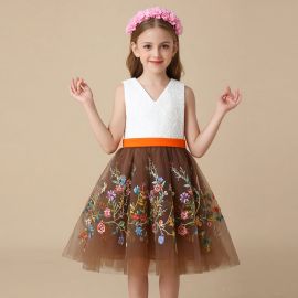 Girls' Sleeveless V-Neck Dress with Embroidered Floral Tulle Skirt & Orange Waistband - Summer Party Wear