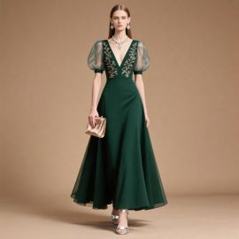 Elegant Emerald Green Embroidered Maxi Dress with Puff Sleeves