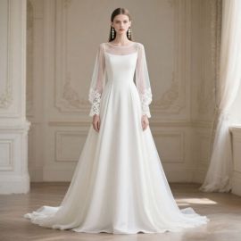 Elegant Long Sleeve Lace Wedding Dress | Simple A - Line Bridal Gown
