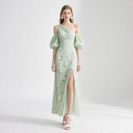 One - Shoulder Floral Print Maxi Dress with Puff Sleeves & High Slit