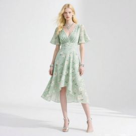 Mint Green Floral Print Asymmetric Hem V-Neck Short Sleeve Midi Dress