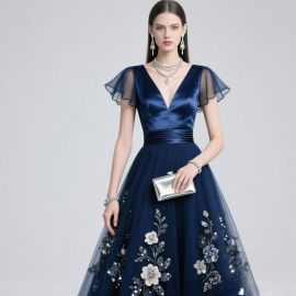 Navy Blue Satin & Tulle Evening Gown with Floral Embroidery - Elegant V-Neck Formal Dress