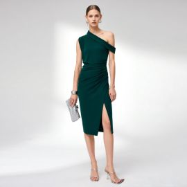 Elegant Emerald Green One - Shoulder Slit Midi Dress | Chic Evening Party Gown