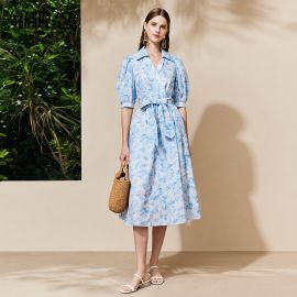 Elegant Blue Floral Print Midi Dress: Belted Waist & Puff Sleeves for Vintage Charm