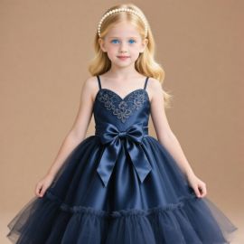 Navy Blue Girl's Formal Dress: Lace Heart Neckline, Satin Bow & Tulle Skirt for Parties/Weddings