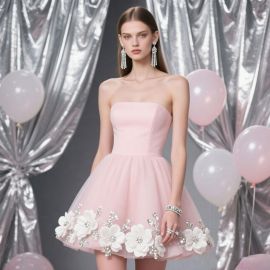 Chic Pink Strapless Short Prom Dress with Floral Embellished Tulle Skirt