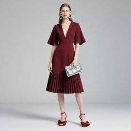 Burgundy V-Neck Flared Sleeve Pleated Midi Dress - Elegant Office & Party Style