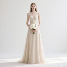 Elegant Deep V - Neck Wedding Dress with Embroidered Bodice & Flowy Tulle Skirt