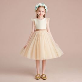 Elegant Girls' Ivory Beige Tulle Dress for Party & Wedding Flower Girl with Flutter Sleeves