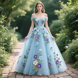 Light Blue Off - Shoulder Ball Gown with 3D Floral Embroidery - Elegant Wedding/Prom Dress
