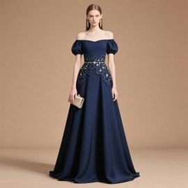 Elegant Navy Blue Off - Shoulder Ball Gown with Lace Embellishment