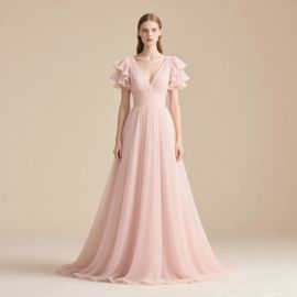 Elegant Pink Long Gown with Ruffled Sleeves - Flowy Chiffon Evening Dress