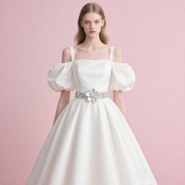 Elegant Off - Shoulder White Wedding Dress with Puff Sleeves & Beaded Belt