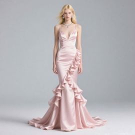 Pink Satin Mermaid Gown with Ruffled Detail - Elegant Evening Dress