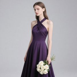 Elegant Purple Halter Neck Cross-Over Bridesmaid Dress, A-Line Satin Evening Gown
