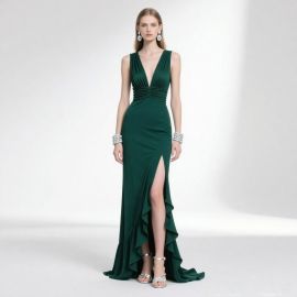 Emerald Green Deep V-Neck High-Slit Ruffled-Hem Evening Dress