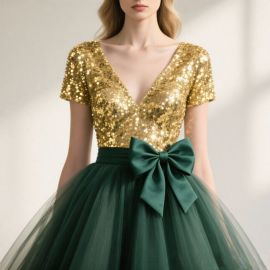 Glamorous Gold Sequined V-Neck Short-Sleeve Top with Emerald Tulle Skirt & Big Bow Dress